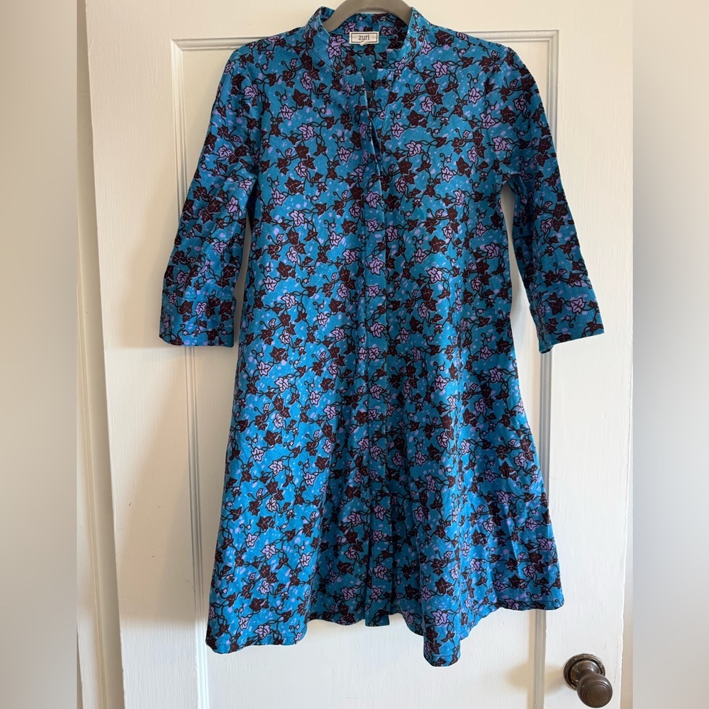 Zuri Kenya "Just One Dress" 100% Cotton Tunic Button Dress Floral Blue Ivy